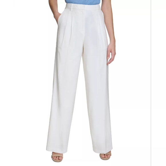 Calvin Klein NWT Timeless Off-White High-Rise Wide-Leg Linen Dress Pants SIZE 8 - Picture 2 of 12